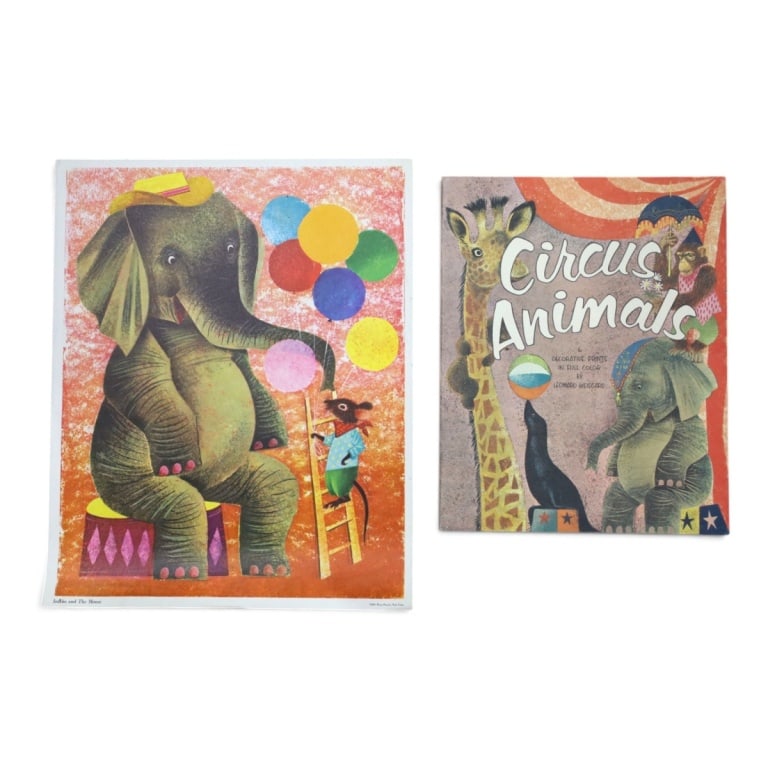 Leonard Weisgard, Vintage Prints, Circus Animals: Leonard Weisgard (American, 1916-2000) 7 Color Prints "Circus Animals" 16-1/2" x 13-1/4" also, "Jumbo and the Mouse" 21" x 17", Published 1957-58 Penn Prints New York. Unframed. Condition: Light soili