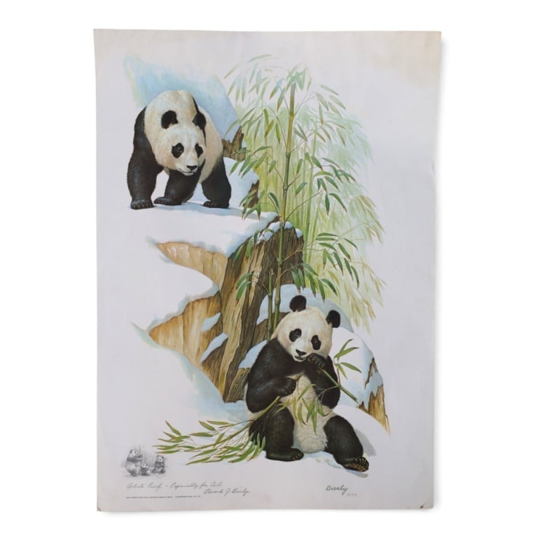 Edward Bierly Signed Lithograph "Giant Pandas": Edward Bierly (American 1920-2004) Lithograph "Giant Pandas". Published by Sportsman's Edge,1972. Inscribed by artist: Artist's Proof - Especially for Carl, Edward J. Bierly. Unframed. Measures 28" x
