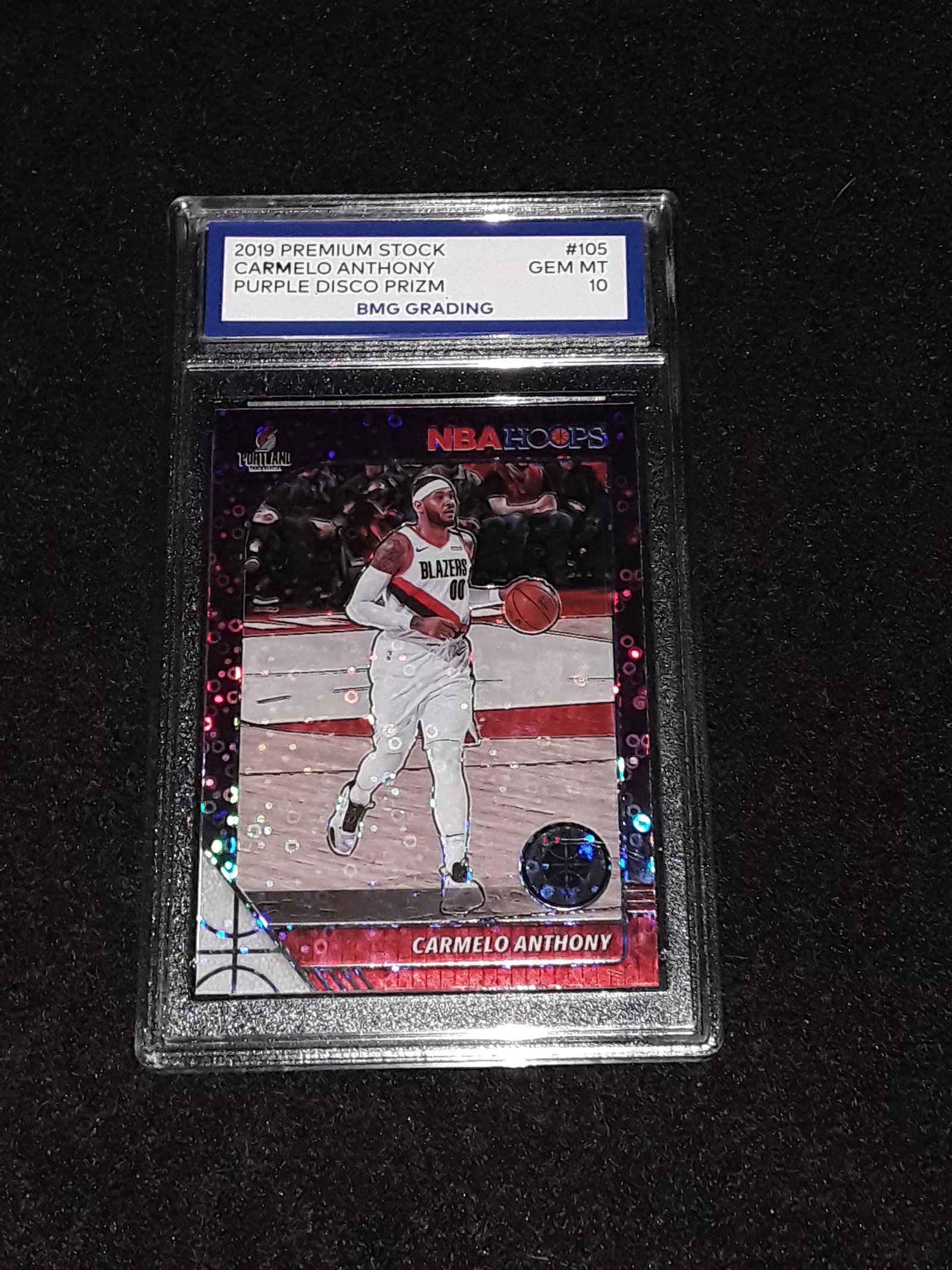 CARMELO ANTHONY, PURPLE Disco PRIZM, 2019 Premium Stock, GEM MT 10: Purple Disco Prizm