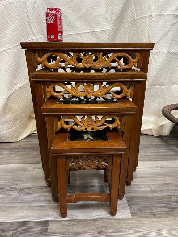 INLAYED NESTING TABLES: 20 x14 24 INCHES TALL 12 x 16 20 INCHES TALL 12 x 10 16 INCHES TALL 9 x 9. 12 INCHES TALL