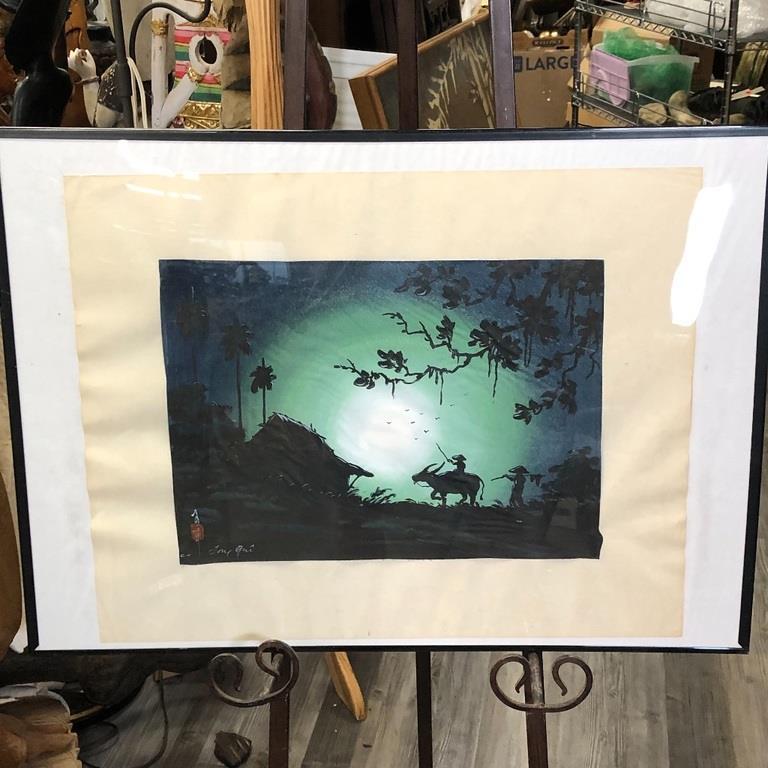 ASIAN MAN RIDING CATTLE PICTURE 28"x 20" (1 of 4)