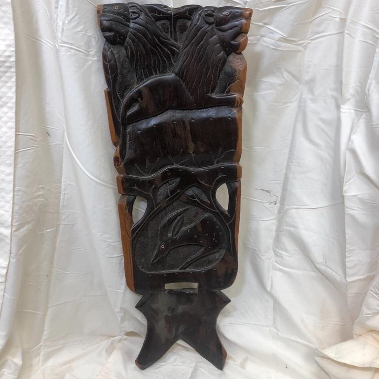 HAND CARVED WOODEN MASK w/ LIONS & GAZELLE 36 Inches: HAND CARVED WOODEN MASK w/ LIONS & GAZELLE 36 Inches