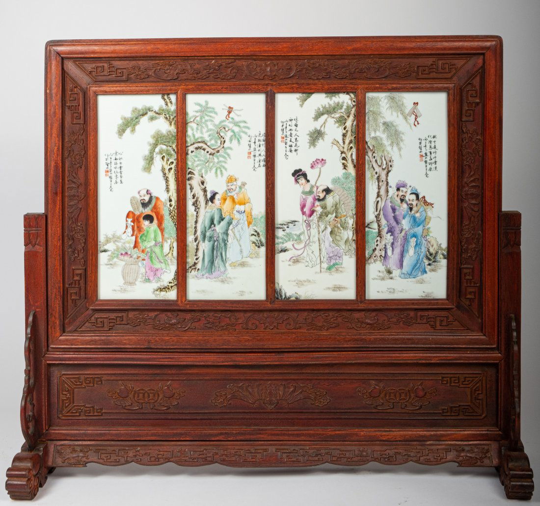 A Chinese Table Screen with Porcelain attr. Wang Dafan: A large Chinese table screen with four porcelain plaques attributed to Wang Dafan. It represents scenes of "Investiture of the Gods", a novel from the Ming dynasty, 《封神演
