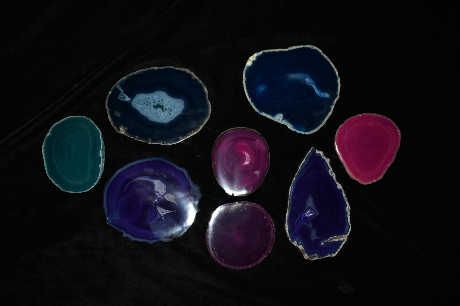 Collection of 8 Colored Agate Slabs: Collection of 8 Colored and Polished Agate Slabs. Sizes range from 4" to 6 3/4"