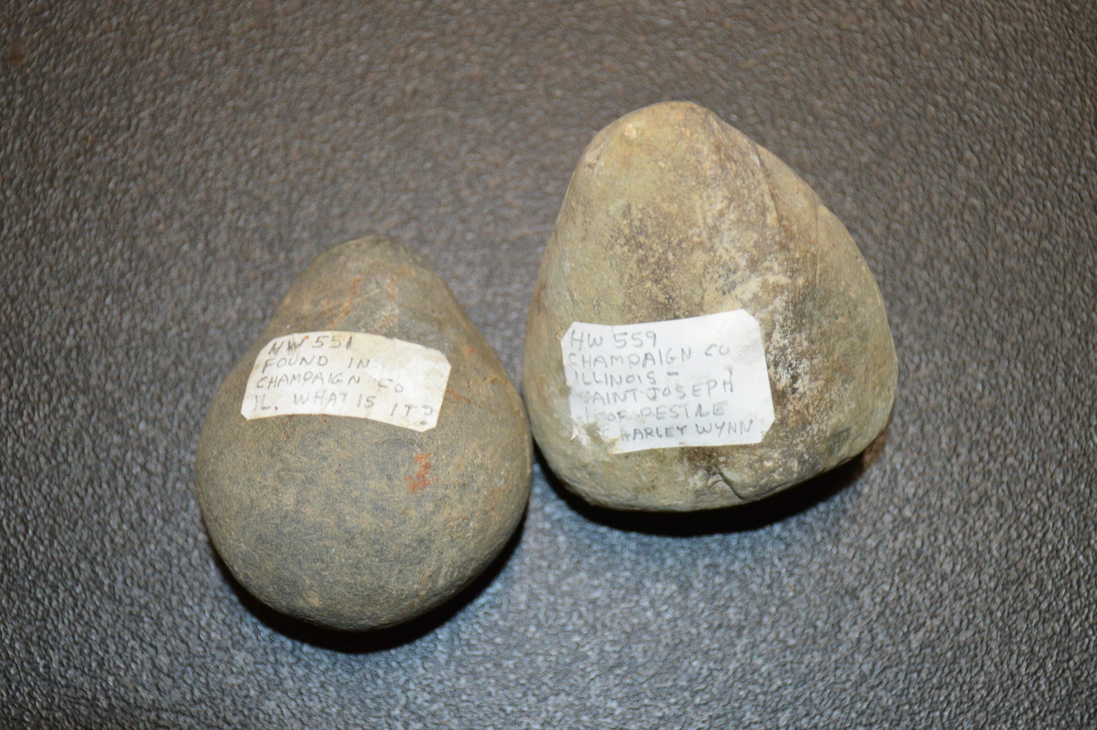 2 Pestles: Found in Vermillion Co. Illinois by Harley Winn. Both in good shape, Largest is 3 3/4"