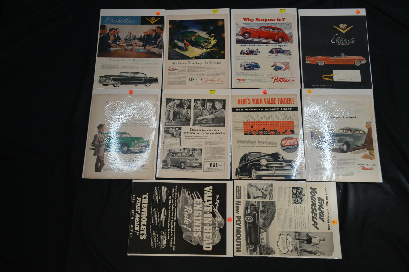 10 Advertisement Pages for Old Cars: Miscellaneous group from the 40's , 50's and 60's. Cadillac , Lincoln , Pontiac , Chevrolet , Nash , Plymouth , Etc.