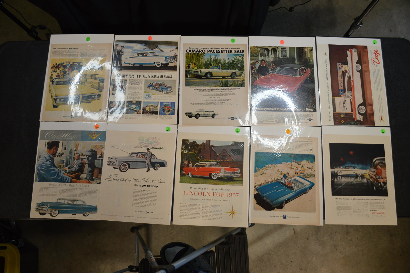 10 Advertisement Pages for Old Cars: Miscellaneous group from the 40's , 50's and 60's. Pontiac , Nash , Camaro , Cadillac , Etc.