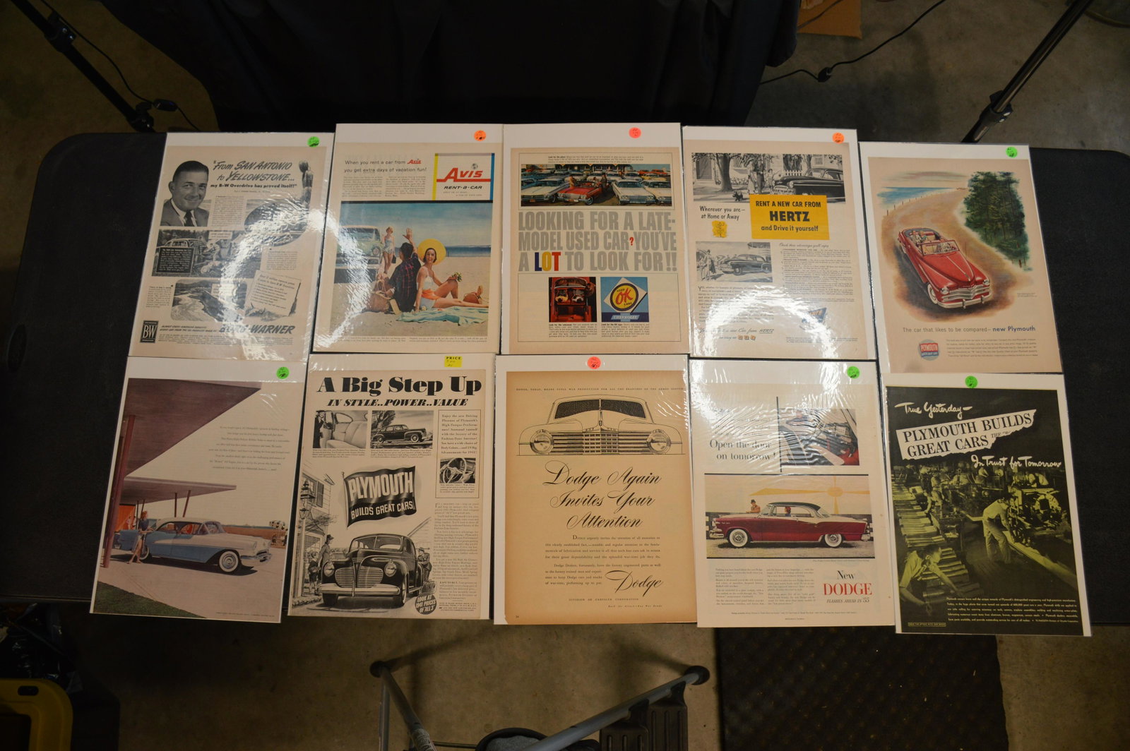 10 Advertisement Pages for old Cars.: Miscellaneous group from the 40's , 50's and 60's. Hertz , Avis , Dodge , Plymouth , Etc.