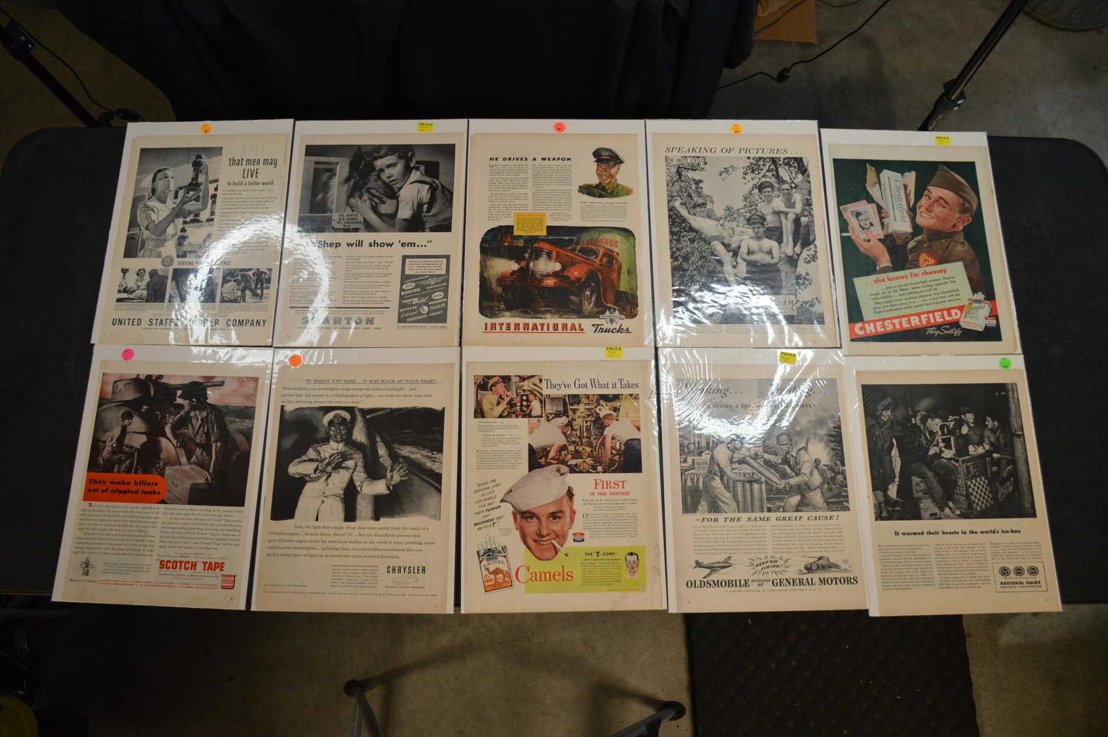 10 Advertisement Pages Military Related: Miscellaneous group from the 40's , 50's and 60's. International , Camel , Chrysler , General Motors , Chesterfield , Etc.