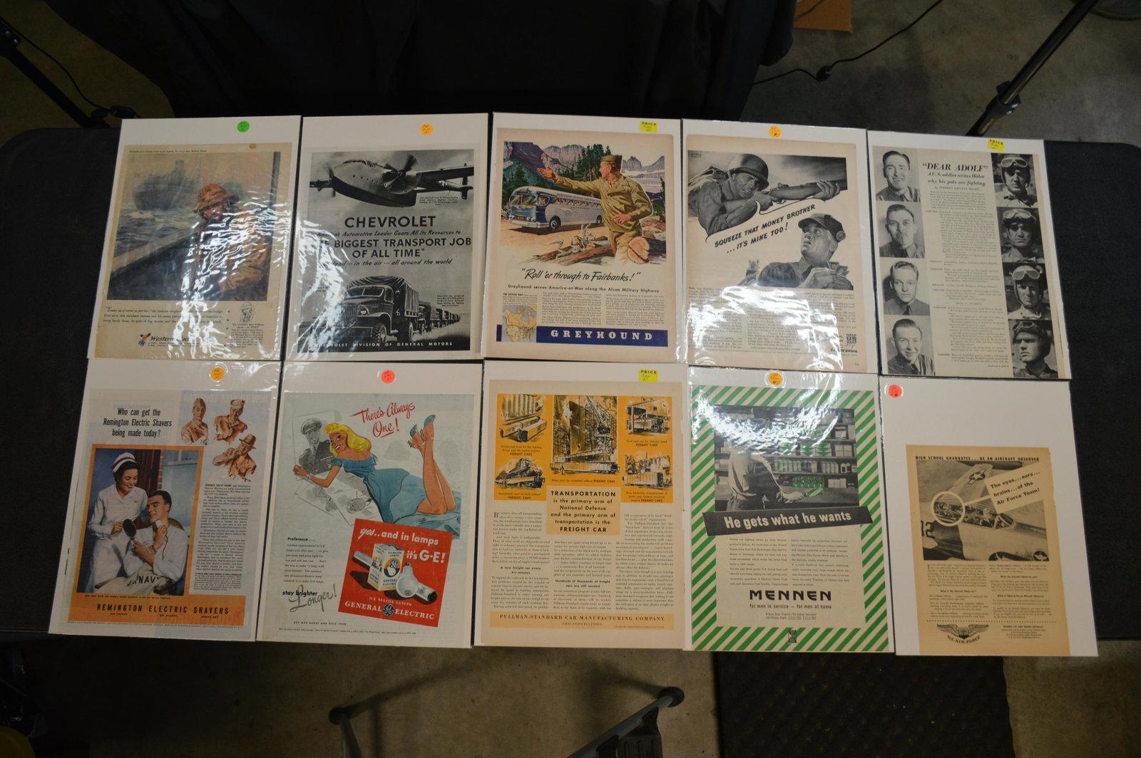 10 Advertisement Pages Military Related: Miscellaneous group from the 40's , 50's and 60's. Greyhound , Chevrolet , Western Electric , Remington , G. E. , Etc.