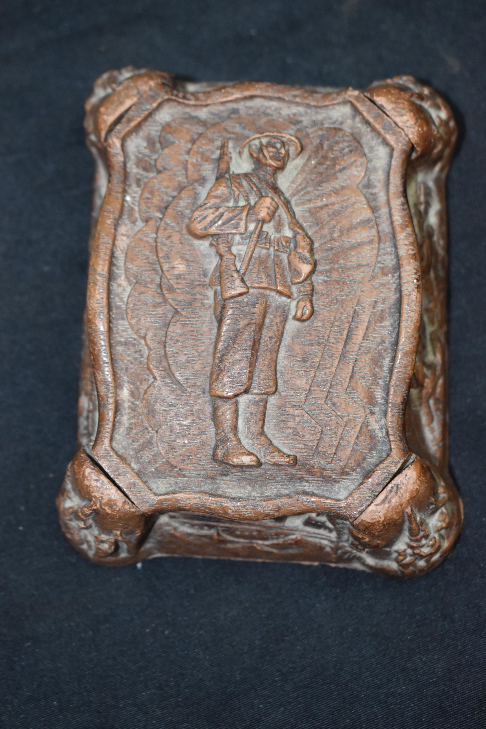 Carved Wood Nick Nack Box: Has a WW1 Soldier on the top of the box. The box has a little dust on it but otherwise it's in great condition.