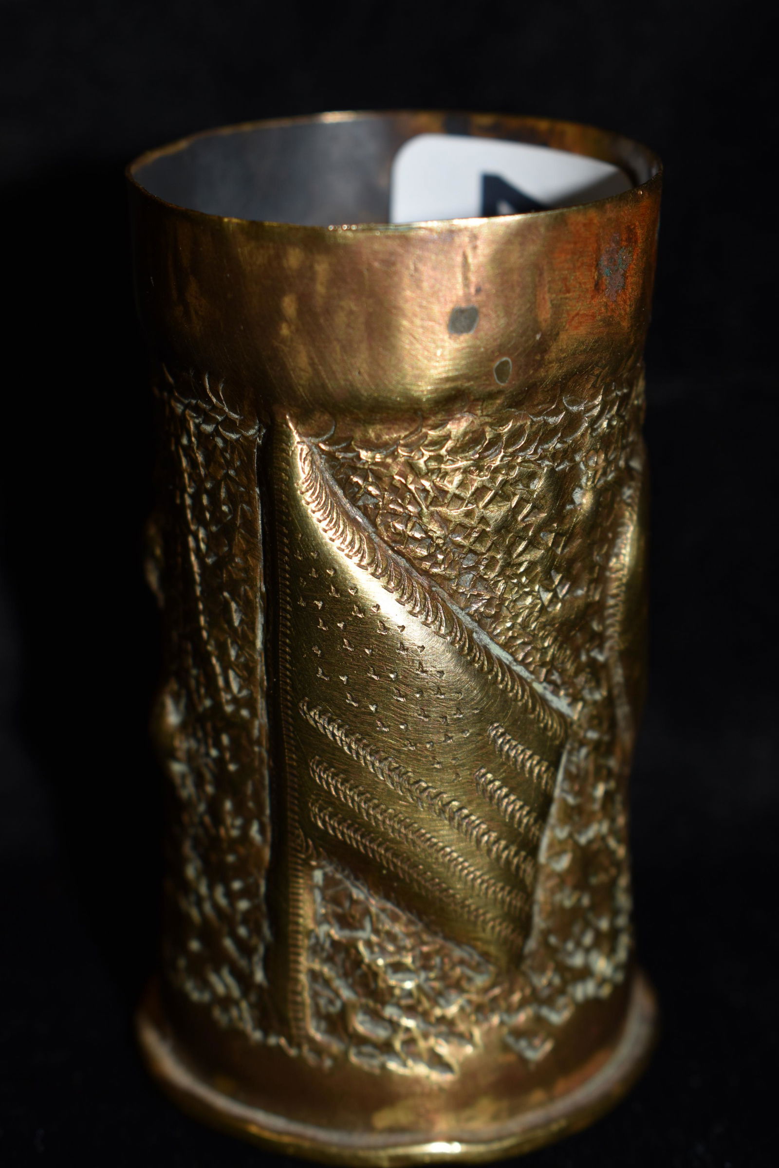Outstanding WW1 37 MM Trench Art Shell Casing: Outstanding WW1 37 MM Trench Art Shell Casing. This shell Boldly depicts the United States Flag (appears to have 48 stars), the double cross and a heart with the initials FK etched in it. The base of