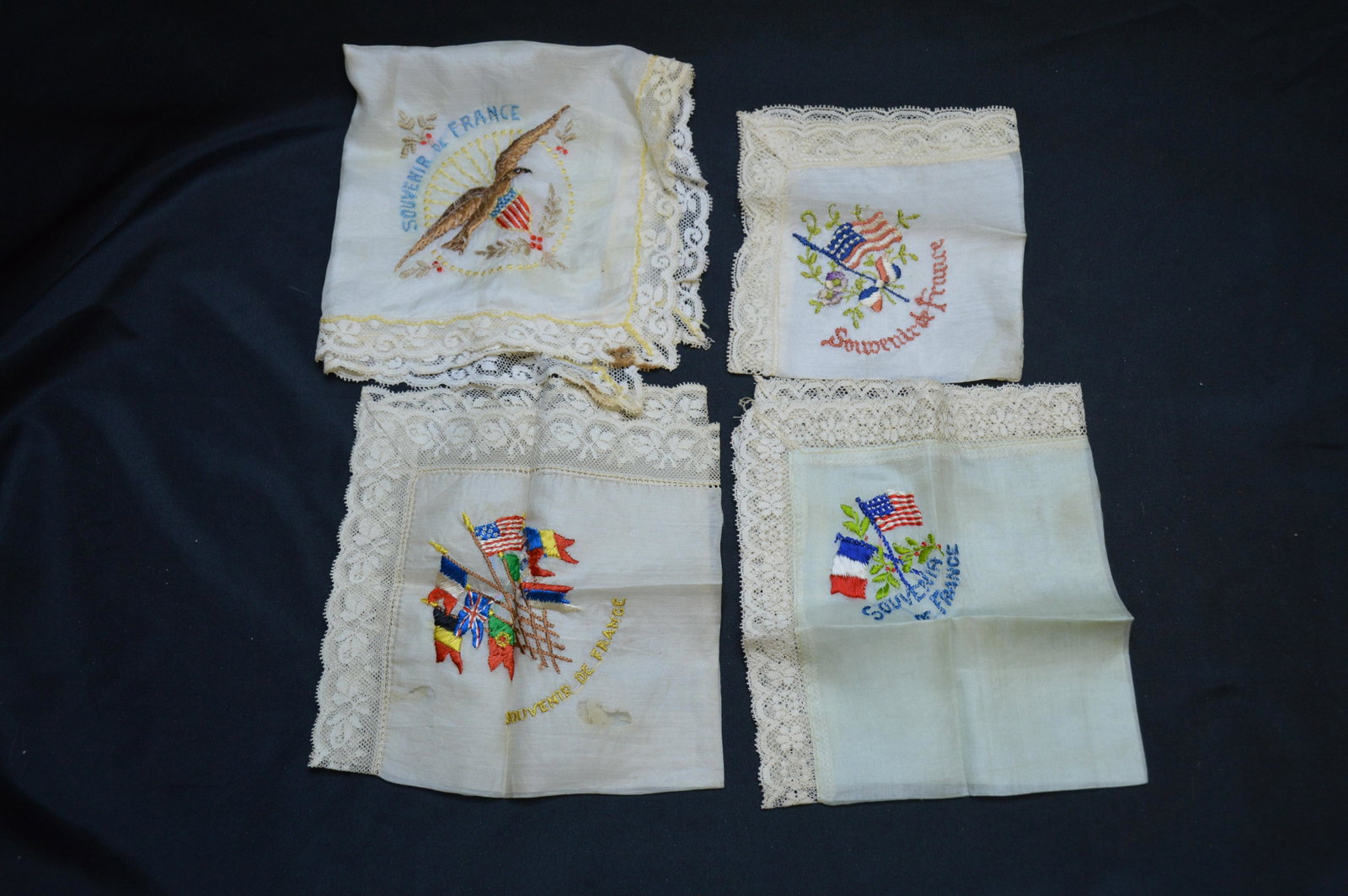 Group of Embroidered WW1 Era Knapkins: 4 knapkins all say Souvenir De France on them.