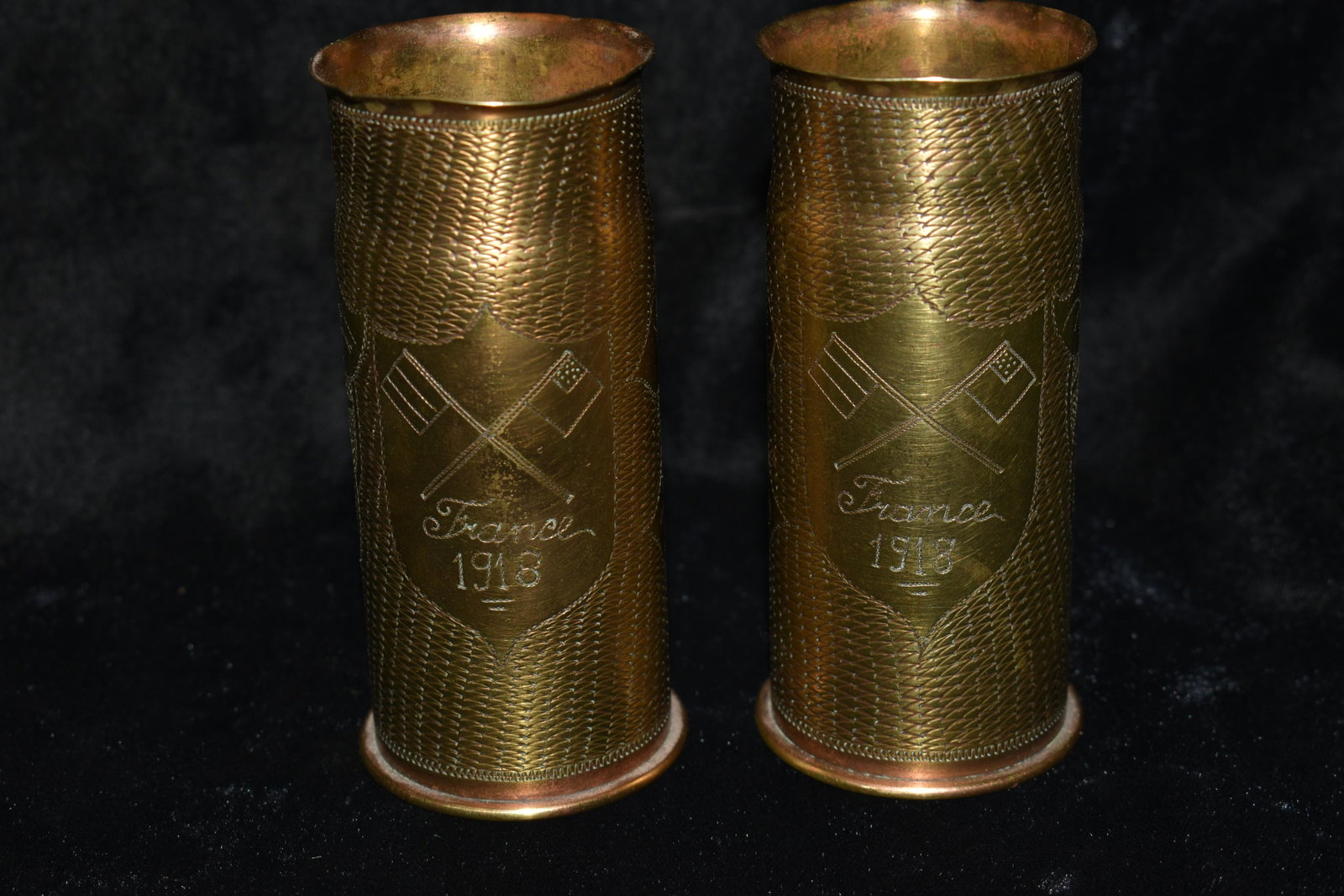 Matching Set of 2 37 MM Trench Art Casings FRANCE WW1: Matching Set of 2 37 MM Trench Art Casings FRANCE. This matching set of 2 35 MM Trench Art Casings commemorate and read "FRANCE 1918". The embossing on one side of each that has French and American Fl