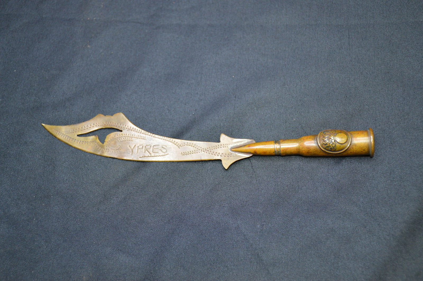 WW1 Trench Art Letter Opener: Commemorating The Battle of Ypres. In great condition with a very appealing color.