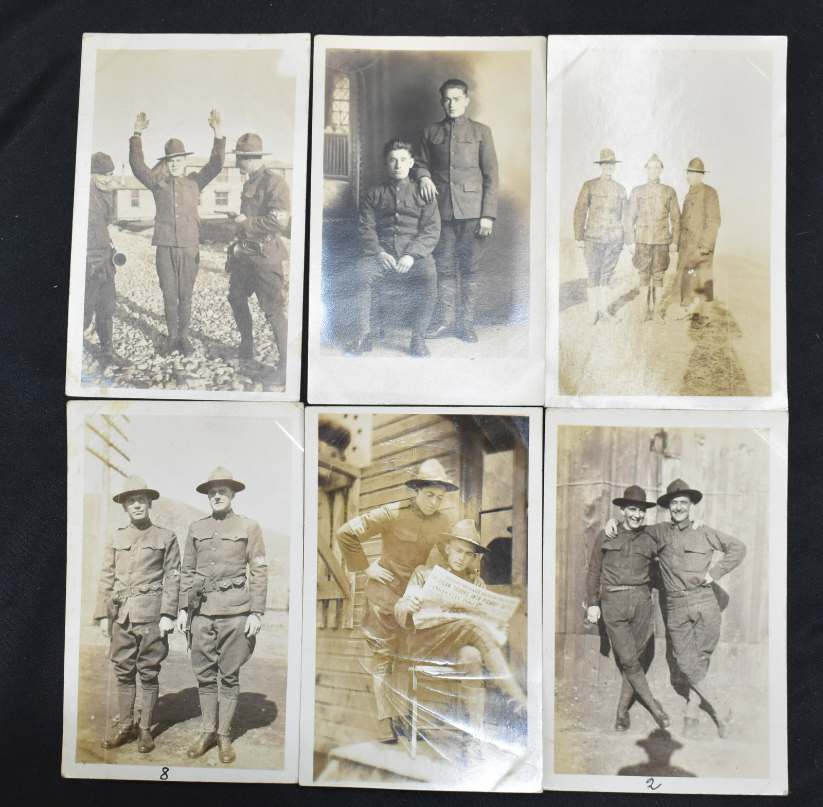 6 Postcard Photographs During WW1: Group Photos with names on the back of some of the Soldiers.