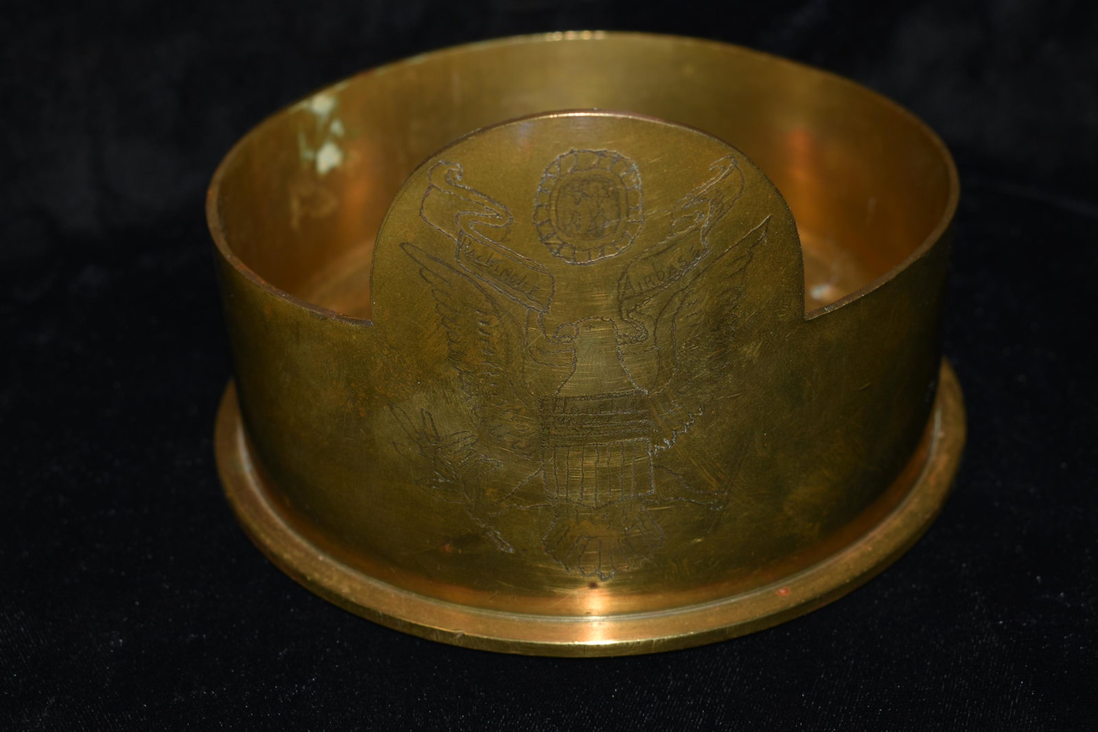WW2 13 CM Japan Artillery Shell Bowl Hackimore AFB: WW2 13 CM Japan Artillery Shell Bowl Hackimore AFB. This Trench Art piece reads "HACKIMORE AIR BASE HONSHU JAPAN". It is adorned with the bannered Eagle holding flowers in one claw and arrows in the o