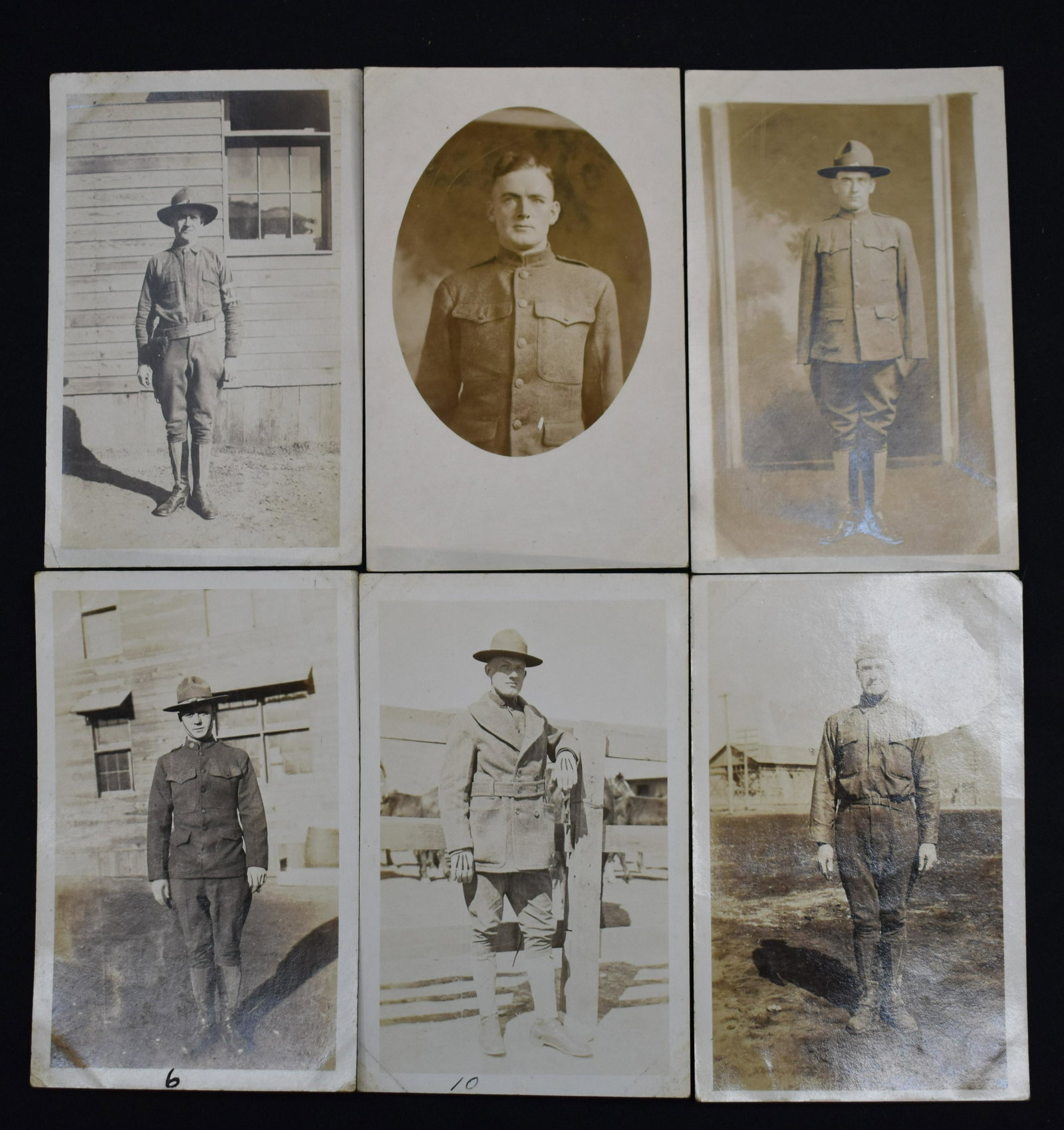 6 Postcard Photographs of Soldiers During WW1: The names of the soldiers are written on the back of 3 of the cards.