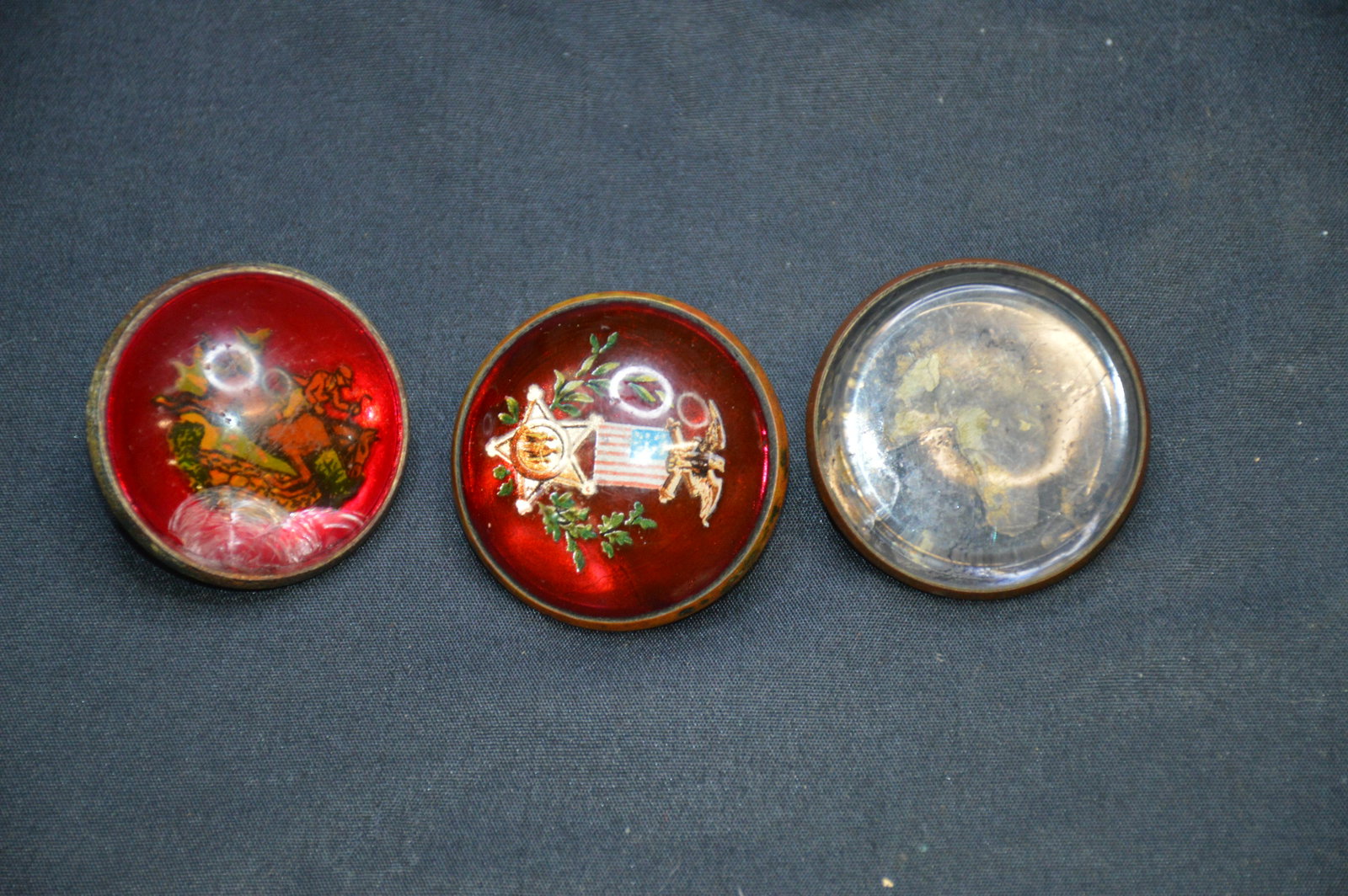 3 Glass Horse Buckles: Appear to be very old. One is definitely military. The horse and rider buckle has damage to the glass from probably being dropped.