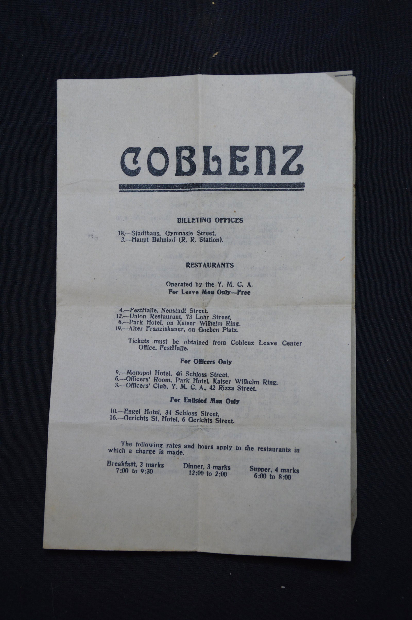 Coblenz Map And Information Pamplet: Given to soldiers that were stationed in Coblenz Germany directly after WW1. These Soldiers would stay in German homes and maintain order after the war.