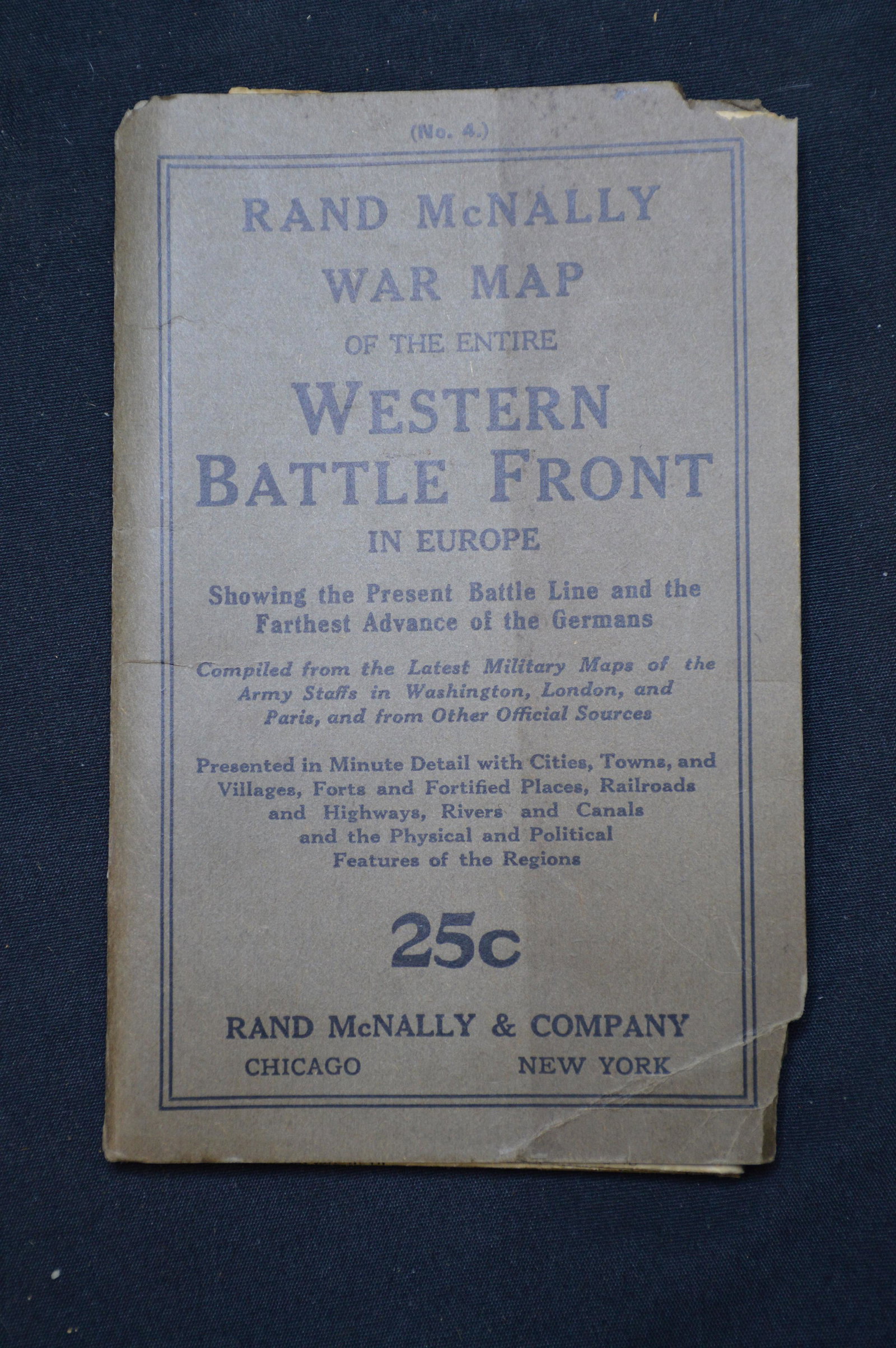 Rand McNally War Map of The Entire Western Battle Front: Original Map of WW1. Map is in great condition with only minor tears on the top edge. Cover has some corner wear but still in good shape.
