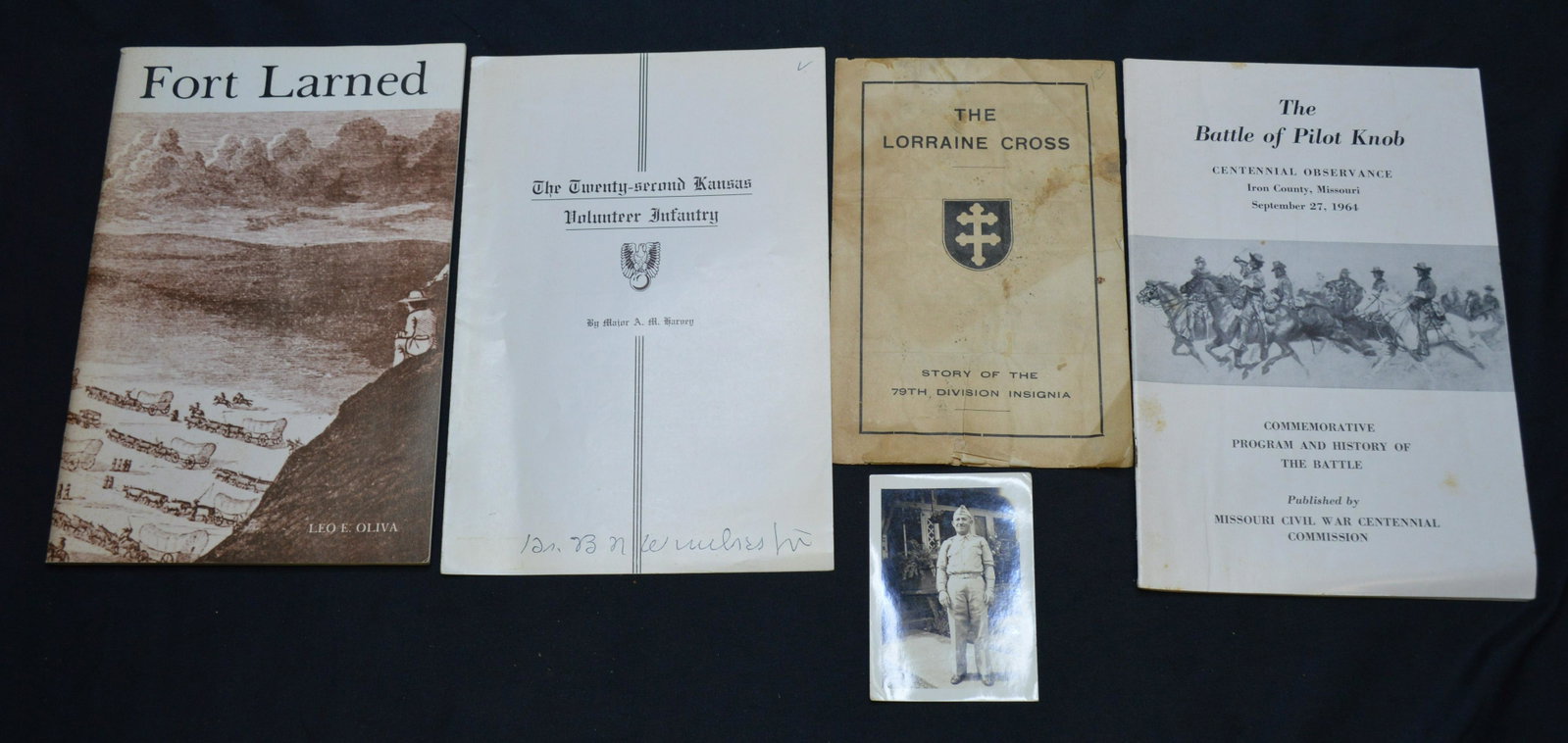 4 Softcover Military Book Pamplets: The Lorraine Cross, Story of the 79th Division Insignia. The Twenty Second Kansas Volunteer Infantry. The Battle of Pilot Knob. Fort Larned.