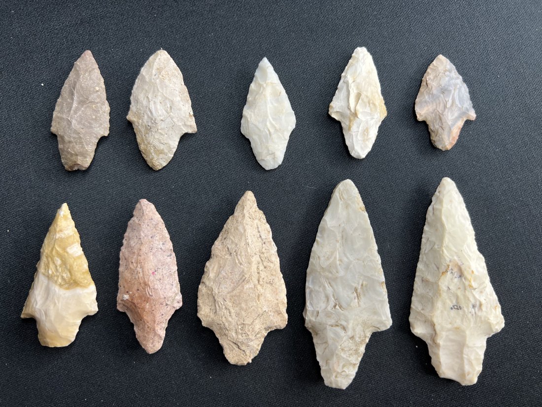 10 Adena Arrowheads: The longest is 3 inches. Found by Gary Noel in Van Buren Co. Iowa. A great group of authentic artifacts.