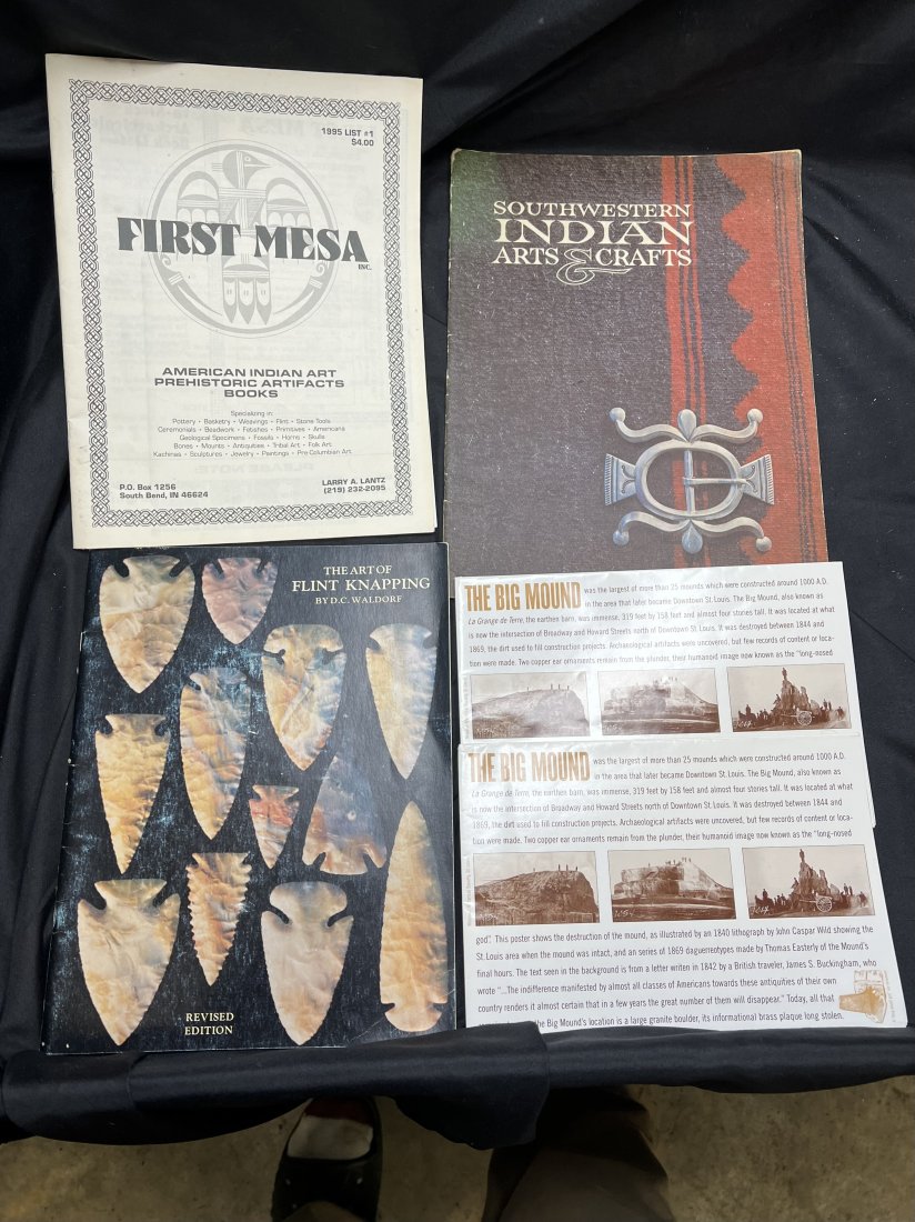 Group of 3 books and a couple pamplets: The Art of Flint Knapping by D.C. Waldorf, Southwestern Indian Arts & Crafts, First Mesa inc. and 2 pamplets of The Big Mound.