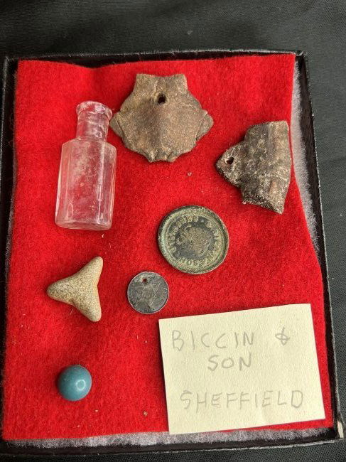 Frame with Buttons, Pottery items, 1862 coin and Misc. (1 of 5)