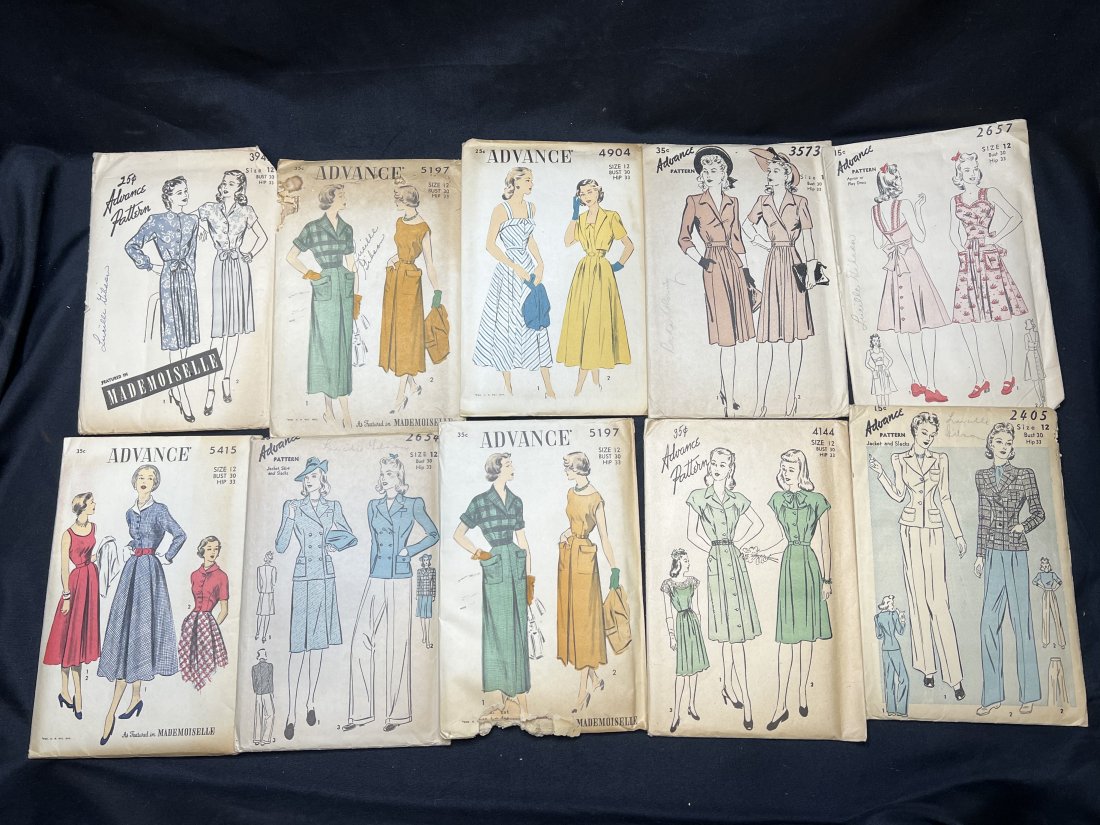 10 Advance Vintage Patterns 1940's: Pattern No's 2405, 4144, 5197, 2654, 5415, 2657, 3573, 4904, 5197 and 3949. Vintage 1940's sewing patterns.