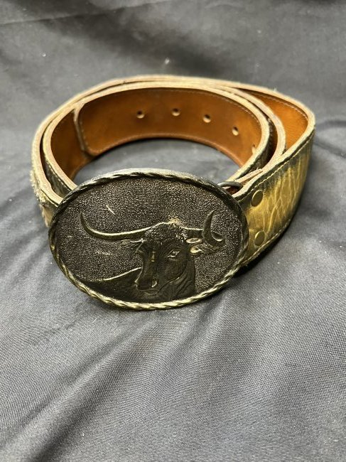 1974 Leather Belt and Buckle: Wyoming Studio Art Works Copyright James Lind 1974. 36 inch belt.
