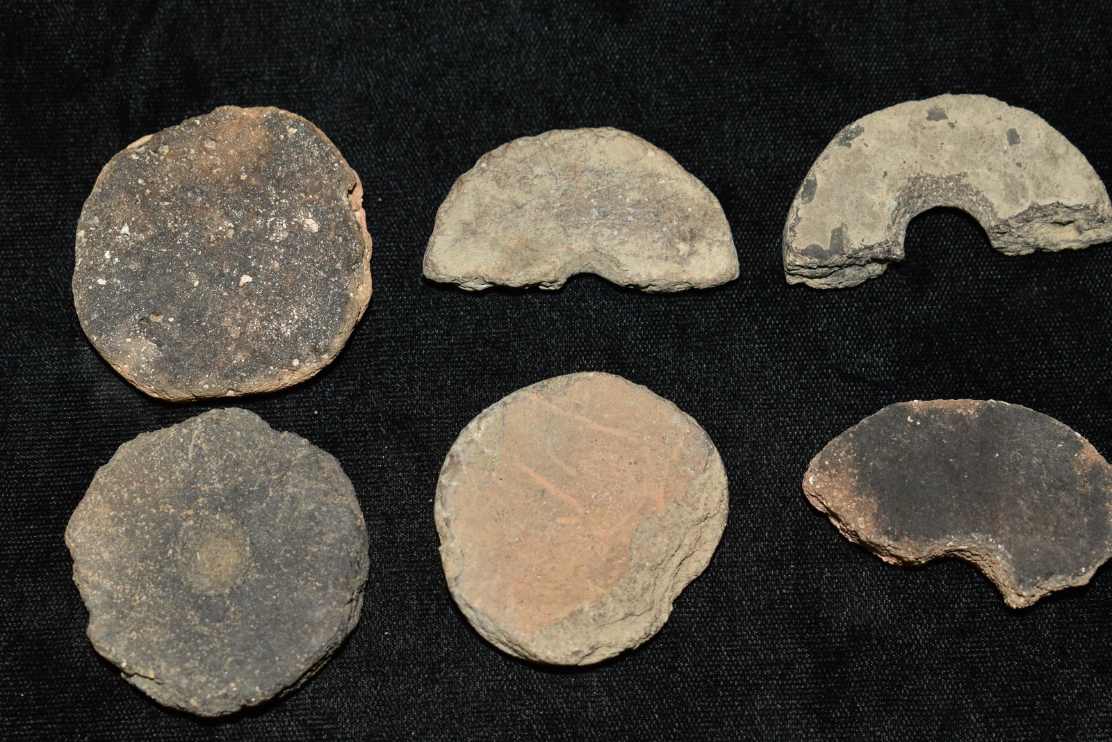 6 Pottery Rounds or Ear Spools: 6 Pottery Rounds or Ear Spools Found in Dent Co. Missouri by Martin Hart. They measure 1 5/8" to 1 3/4"