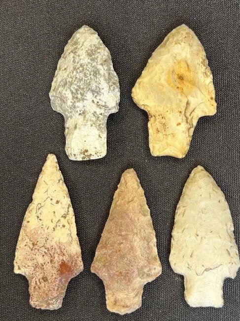 5 Missouri Arrowheads 2 3/8" found by Leslie Stolte in Pike Co. Illinois by Hull. (1 of 2)