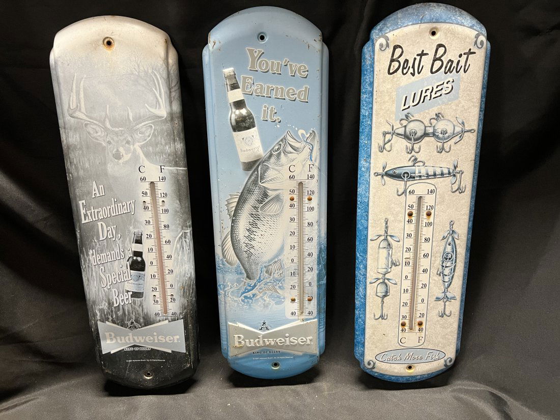 3 Metal Thermometers.  Budweiser and Best Bait Lures. (1 of 5)