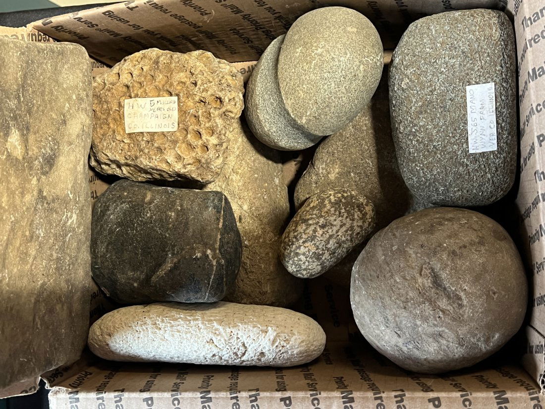Box Full of Stone Tools Hammer Stones, Discoidals, Broken Axes,  Broken Celts, Etc. (1 of 3)