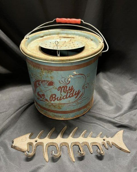 My Buddy Vintage Metal Minnow Bucket and a Cast Iron Bone Fish Coat Hanger.: My Buddy Vintage Metal Minnow Bucket and a Cast Iron Bone Fish Coat Hanger.
