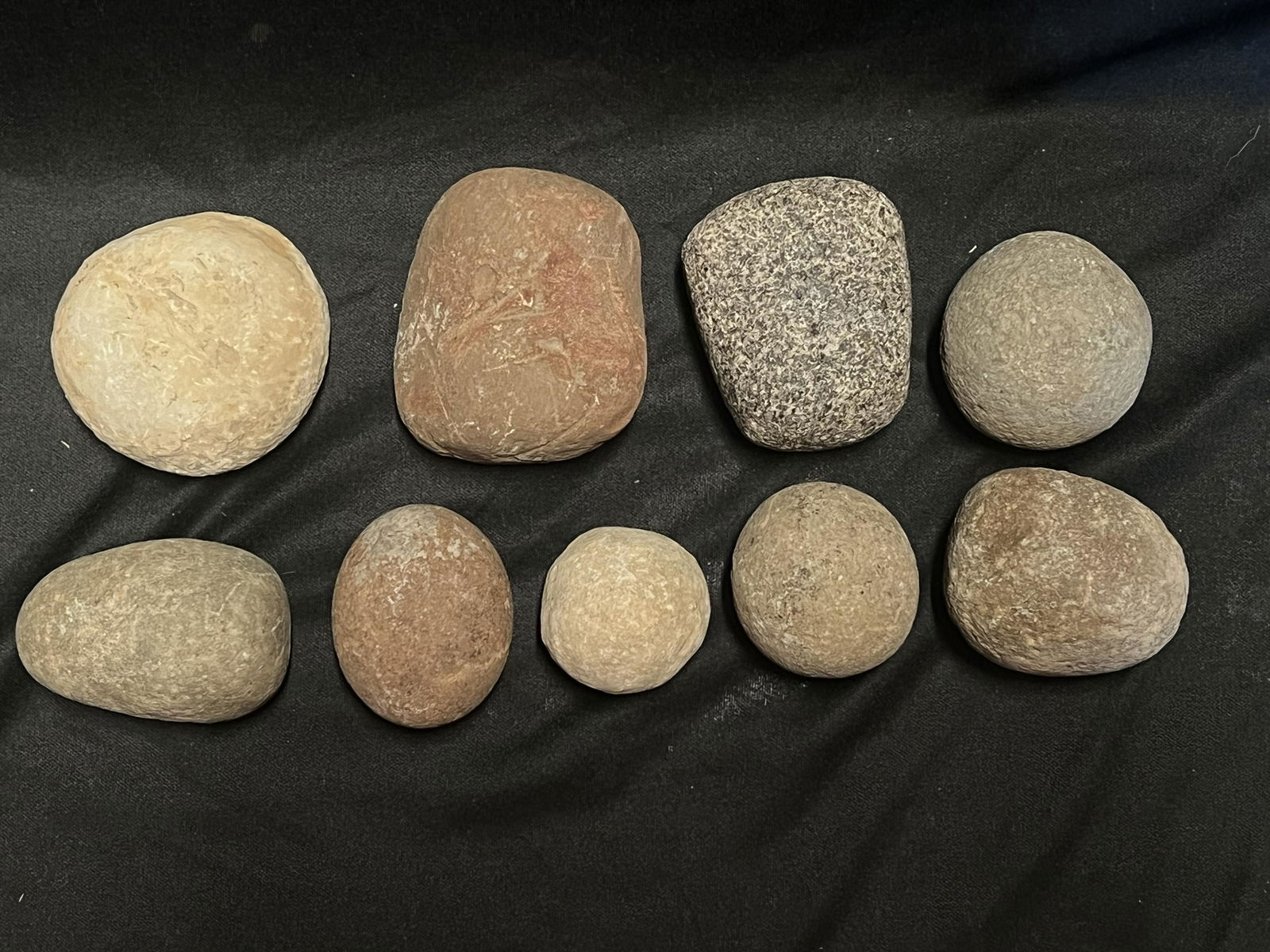 Group of 9 Stone Artifacts Found in Ohio. Includes Game Balls, Discoidals, Small Pestles and Hammer: Group of 9 Stone Artifacts Found in Ohio. Includes Game Balls, Discoidals, Small Pestles and Hammer Stones. Ex: John Bennett Collection. Ancient prehistoric authentic native american artifacts.