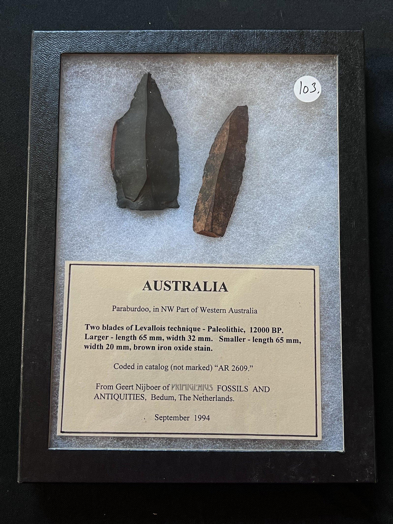 Two Paleolithic blades of Levallois technique found in Paraburdoo Australia circa 12,000 BP. Ex:: Two Paleolithic blades of Levallois technique found in Paraburdoo Australia circa 12,000 BP. Ex: John Grenawalt Collection. The case is included.