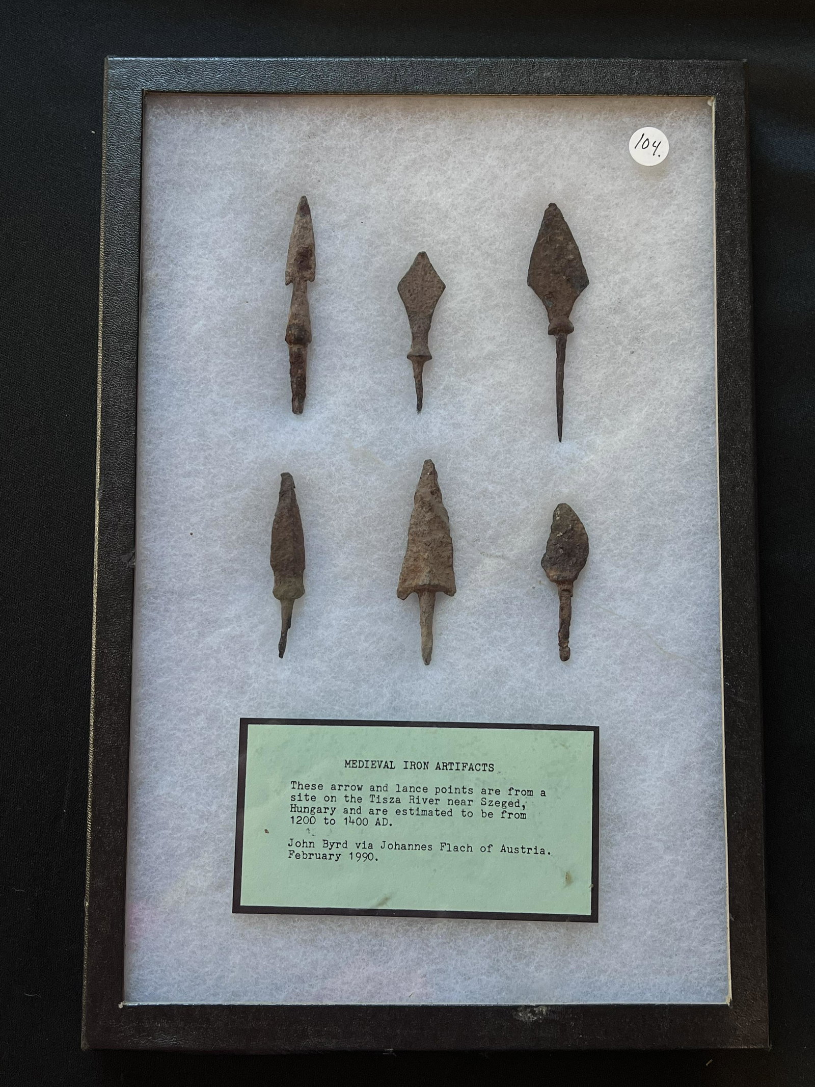 Medieval Iron Arrow and lance points from Tisza River near Szeged, Hungary. Circa 1200 to 1400 AD.: Medieval Iron Arrow and lance points from Tisza River near Szeged, Hungary. Circa 1200 to 1400 AD. Ex: John Grenawalt Collection. The case is included.
