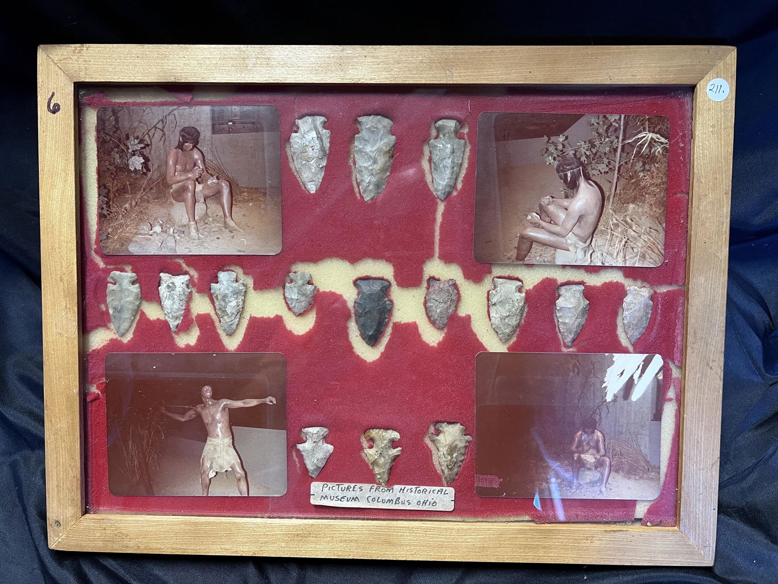 Frame of 15 Arrowheads and 4 Pictures from The Historical Museum in Columbus Ohio. Found in Ohio: Frame of 15 Arrowheads and 4 Pictures from The Historical Museum in Columbus Ohio. Found in Ohio the longest is 2". The frame measures 12" x 16". Ex: John Bennett Collection. Ancient prehistoric authe