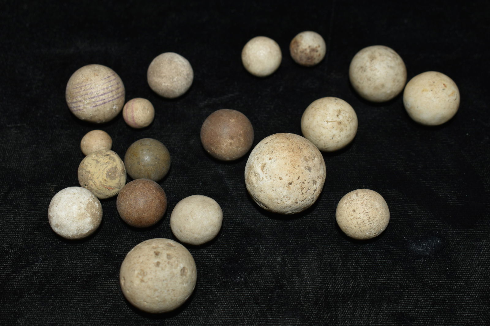 Group of Very Old Marbles or Game Balls: Group of 18 Very Old Marbles or Game Balls. They measure 3/8" to a little over 1"