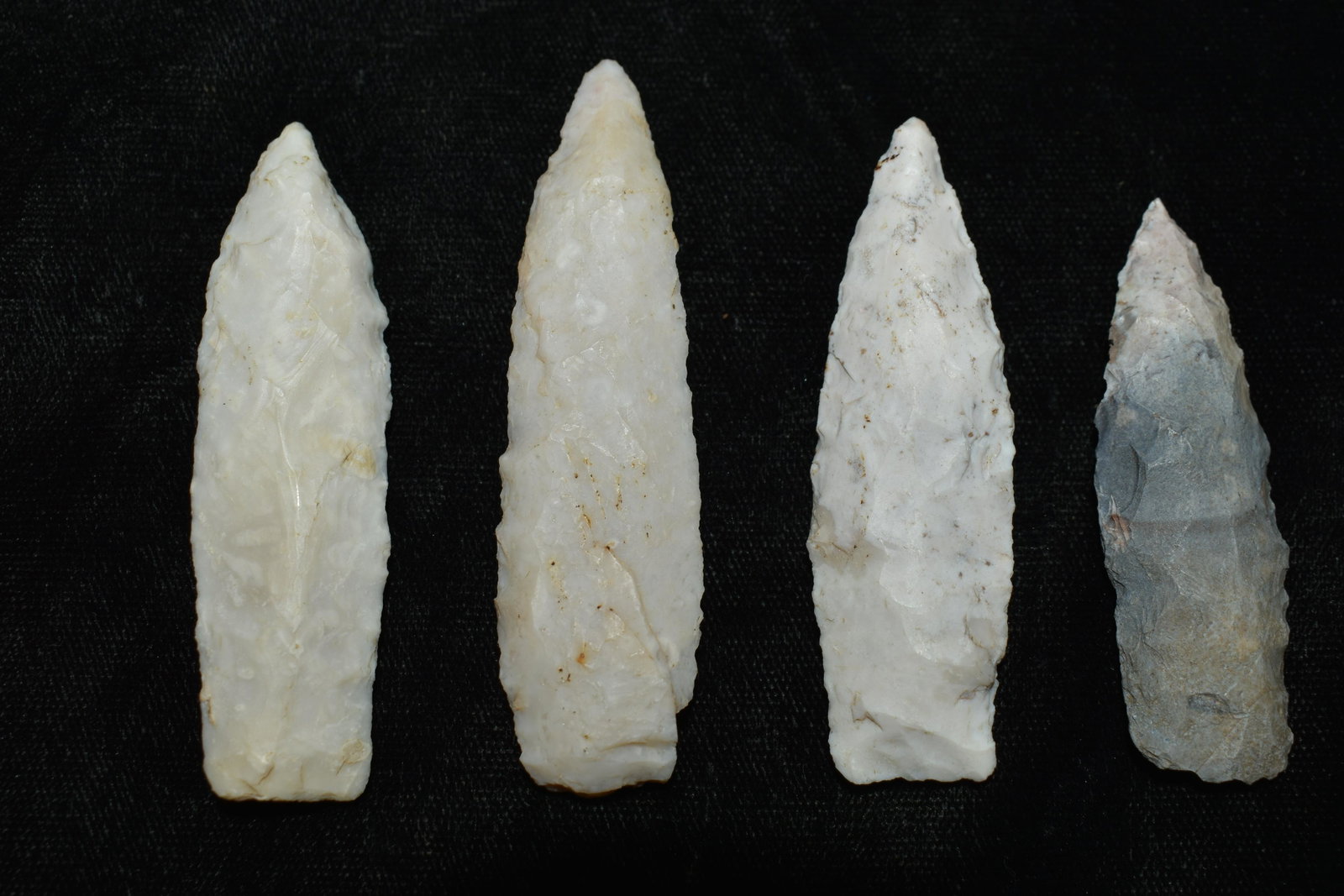 4 Nebo Hill Spears found in Stark County Illinois by Eugene Nichols: 4 Nebo Hill Spears found near Toulon, Illinois by Eugene Nichols. They measure 2 1/4" to 2 3/4". Ancient prehistoric authentic native american artifacts.