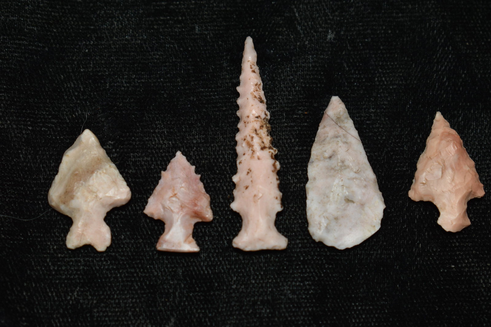 5 Bird points Found in Dent Co, Mo by members of the Hart Family: 5 Bird points Found in Dent Co, Mo by members of the Hart Family. Sizes vary from 5/8" to 1 1/2" Ancient prehistoric authentic native american artifacts.