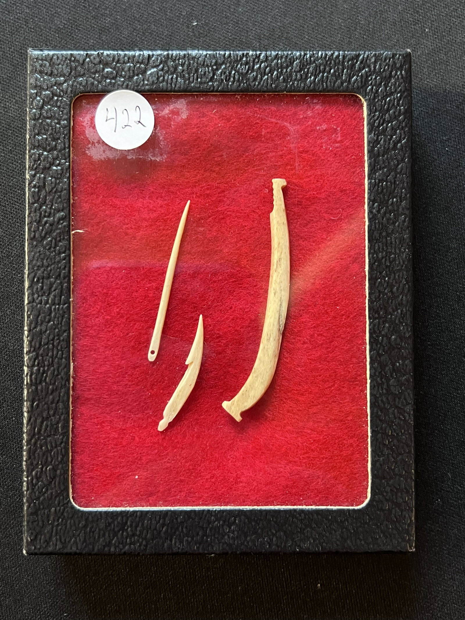 3 Bone Tools. One is a Bone Needle. The longest is 2 1/8 inches. Ex: John Grenawalt Collection.: 3 Bone Tools. One is a Bone Needle. The longest is 2 1/8 inches. Ex: John Grenawalt Collection. The case is included. Ancient prehistoric authentic native american artifacts.