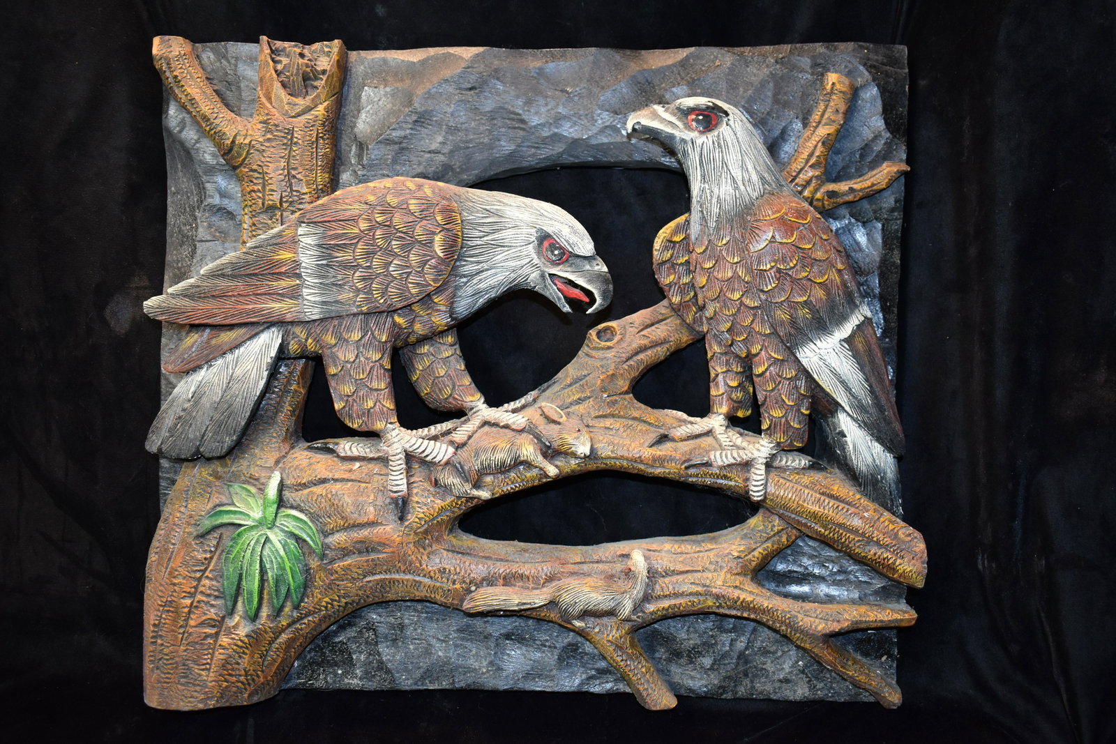 Vintage Hand Crafted Solid Wood Double Eagle Fine Art Sculpture Wall Decor: Vintage Hand Crafted Solid Wood Double Eagle Fine Art. It portrays two eagles, hawks or falcons on a tree limb after capturing a rabbit. This is an outstanding Large piece of wood work that has been p