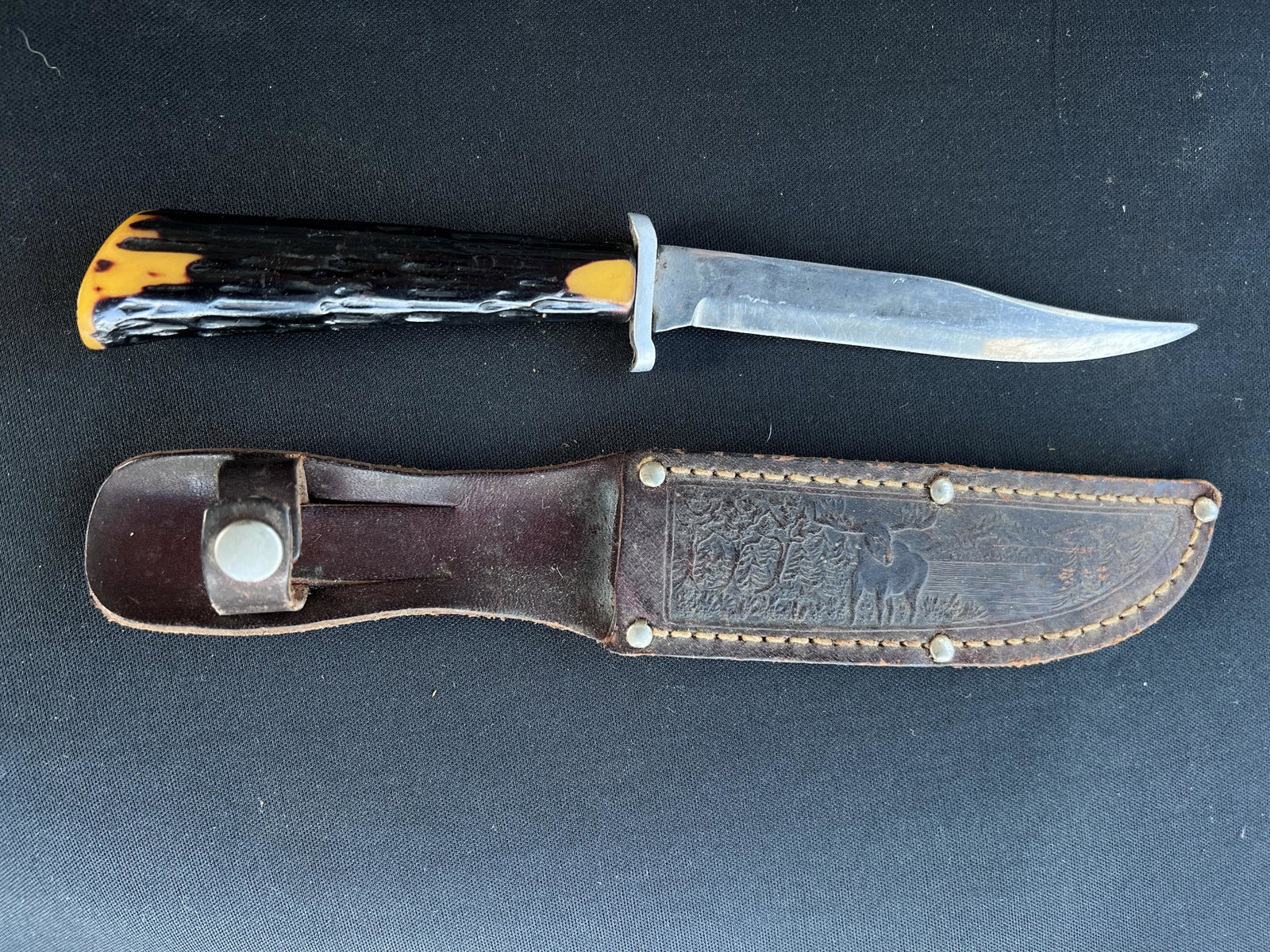 Antler Handle Fixed Blade Knife & Sheath with no name on it. The knife measures 8 3/8 inches.: Antler Handle Fixed Blade Knife & Sheath with no name on it. The knife measures 8 3/8 inches.