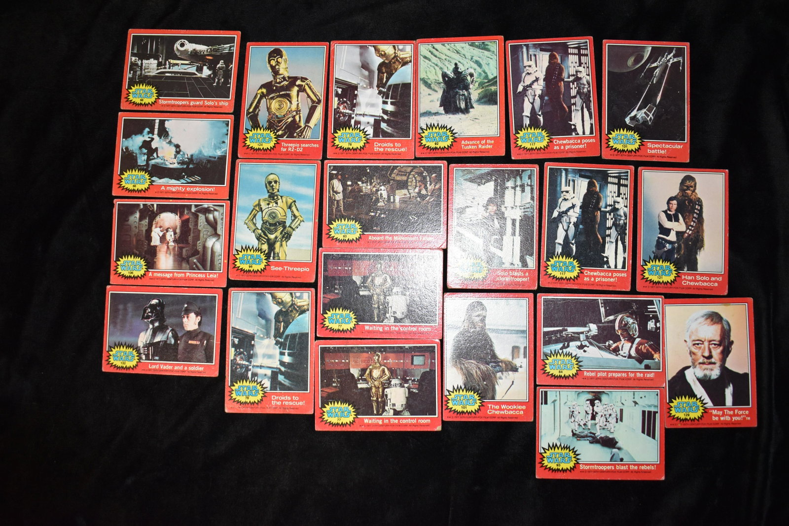 1977 Original Star Wars Trading Cards (21): 1977 Original Star Wars Trading Cards (21). Hans Solo, Chewbacca, Princess Lea, R2D2. Most have bumped corners but still in overall good condition. See photos.