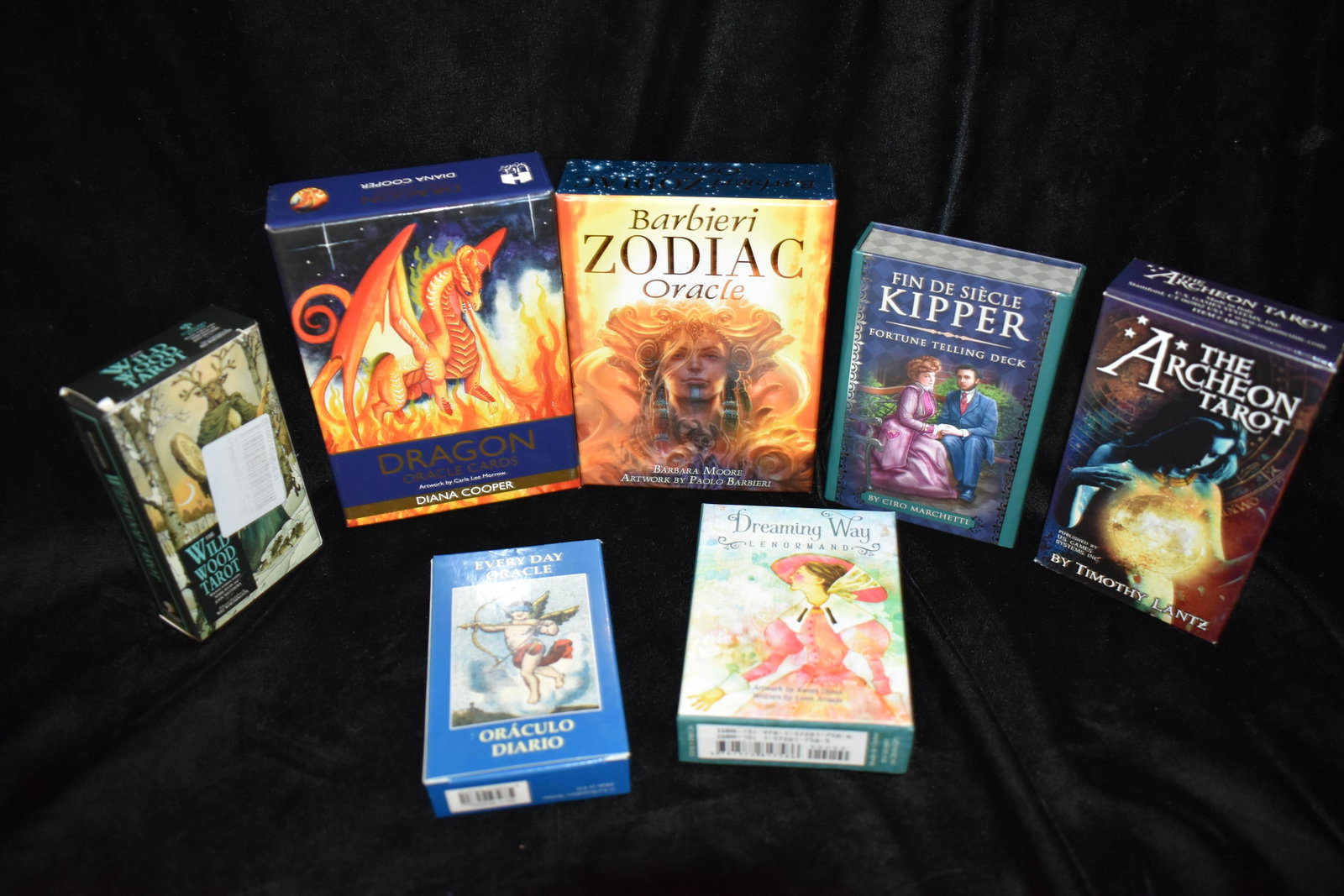 7 Tarot, Oracle & Fortune Telling Card Decks: THE ARCHEON TAROT cards deck, Barbieri Zodiac Oracle, Dragon Oracle Cards, Fin de siecle Kipper Fortune Telling Deck, The Wildwood Tarot and Every Day Oracle. All are in like new or very close to it c