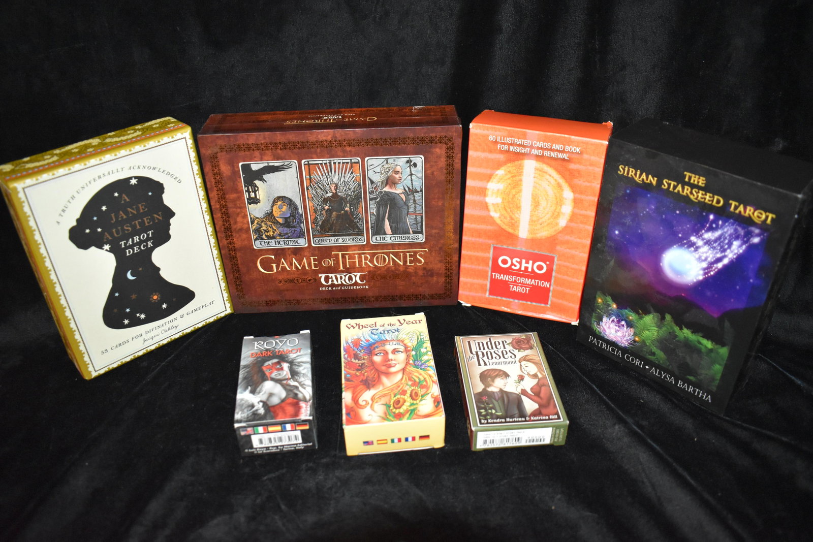 7 Tarot, Oracle & Fortune Telling Card Decks: Jane Austen Tarot Deck Cards, The Serian Starseed Tarot, Game of Thrones Tarot Card Deck, Osho Deck (Very Rare but missing instruction booklet), Wheel of the Year Tarot (no instruction book), Under th