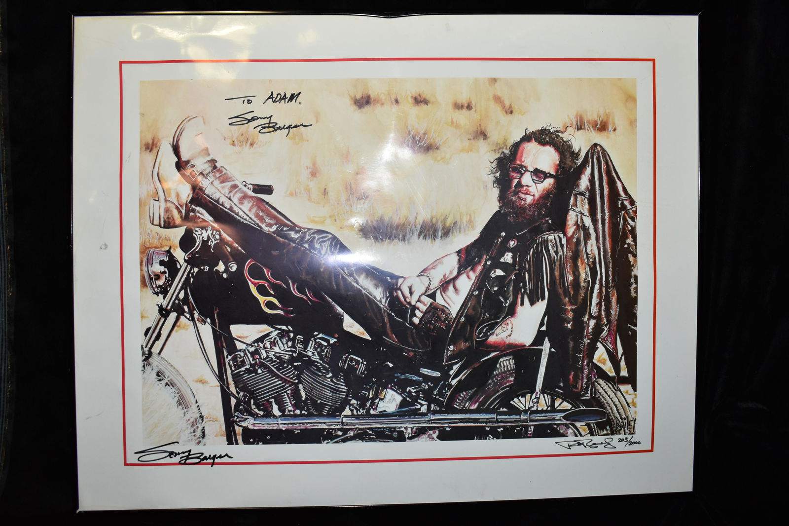 Sonny Barger Hells Angels Founder Signed Print Limited Edition 203/2000: Sonny Barger Hells Angels Founder Signed Print Limited Edition 203/2000. Sonny just passed away a couple months back. Has a couple scuffs as shown in the photos but still a very collectible and rare i